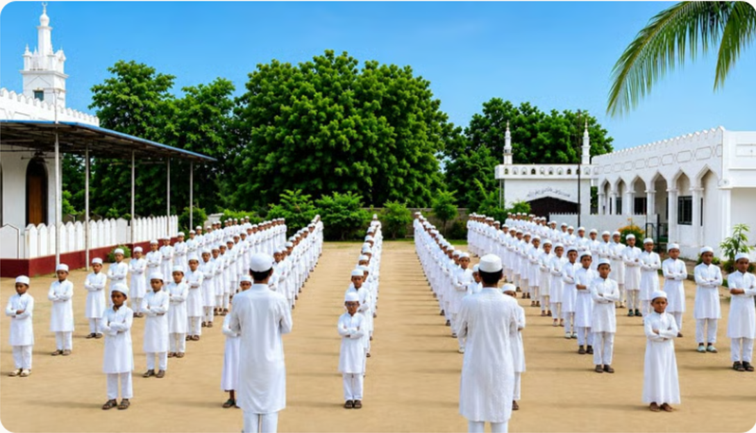 Morning assembly on the campus grounds